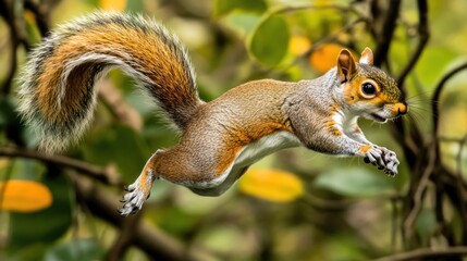 Obraz premium Grey Squirrel Leaping Through Autumnal Foliage