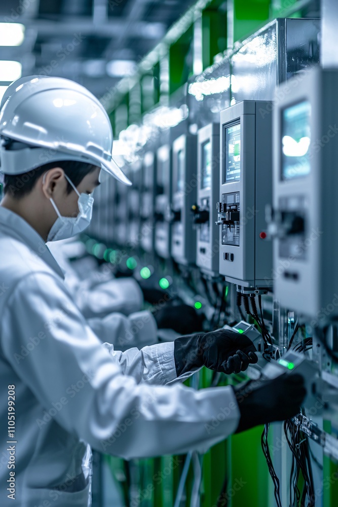 Poster workers assembling smart meters in a high-tech factory, emphasizing energy monitoring technology.