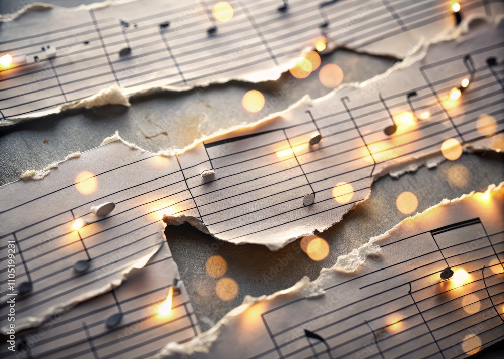 Poster set of torn notes and lined paper strips on grey background with bokeh effect for creative design pr