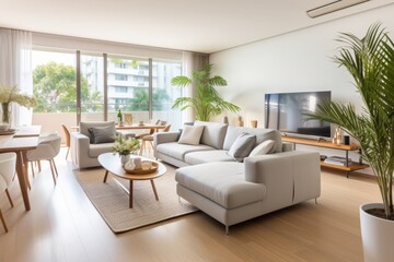 Fototapeta premium Spacious living room featuring wooden flooring, cozy upholstered furniture, and lively houseplants