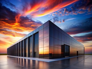 Fototapeta premium Silhouette of a Modern Data Center Mockup Showcasing Innovative Cooling and Power Systems, Captured Against a Dusk Sky for Futuristic Architectural Design Inspiration