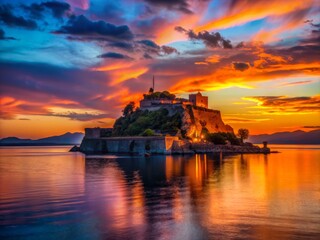 Silhouette of Corfu Castle at Dusk Overlooking the Mediterranean Sea, Greece - An Island Fort Reflecting Timeless Beauty and Serenity with No People in Sight