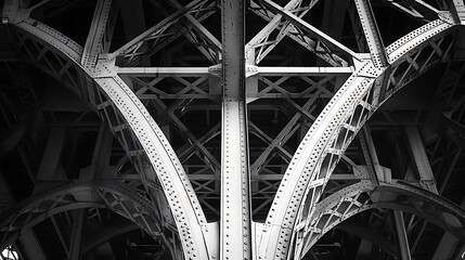A black and white photograph of the intricate steelwork beneath the Eiffel Tower. 