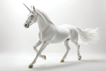 A majestic white unicorn mid step with a flowing mane and tail