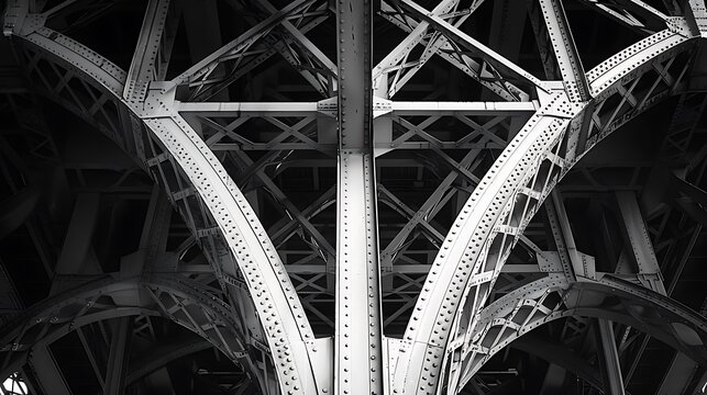 A black and white photograph of the intricate steelwork beneath the Eiffel Tower. 