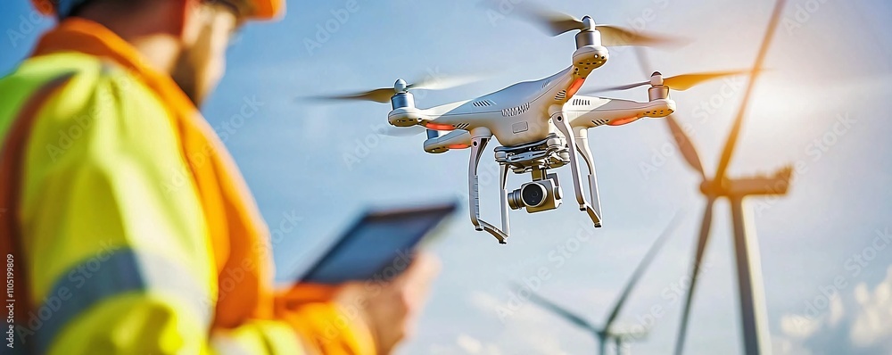 Poster engineers using drones to inspect wind turbines for optimization and maintenance.