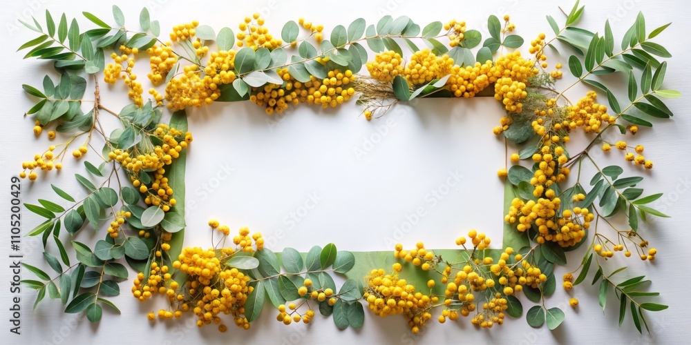 Poster spring flowers and rowan berries composition in bokeh effect with eucalyptus on white background for
