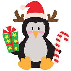 Cute sitting Christmas penguin  vector cartoon illustration