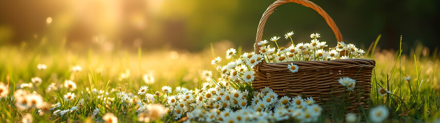 Basket of Daisies in Sunlit Field
A wicker basket filled with fresh daisies on a grassy field, glowing in warm golden sunlight during a serene evening.
