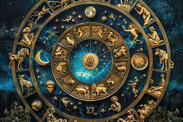 Astrological composition with zodiac circle in signs and symbols