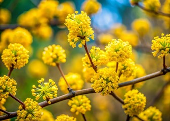 Stunning Cornus Mas Blooms in Nature: Captivating High Depth of Field Photography of Flowering Cornel Trees Against a Scenic Backdrop of Springtime Landscape.