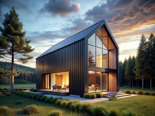 Obraz premium Stunning Double Exposure Photography of a Small Modern Barn House with Black Vertical Boards Facade Blending into Nature, Showcasing a Harmonious Connection with the Surrounding Environment