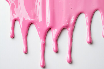 Pink glaze paint dripping on a white background, side view, space for text. Pastel pink liquid flowing down the wall