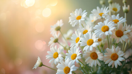 Fresh daisies in soft sunlight
Close-up of white daisies with yellow centers basking in warm sunlight, featuring a blurred bokeh background for a serene mood.
