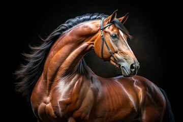 Obraz premium Stunning Portrait of a Majestic Bay Stallion on a Dark Background, Capturing the Power and Grace of Equine Beauty in Urban Exploration Photography Style