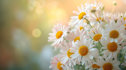 Fresh daisies in soft sunlight
Close-up of white daisies with yellow centers basking in warm sunlight, featuring a blurred bokeh background for a serene mood.
