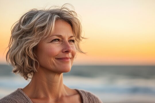 A serene moment of a middle aged woman with short wavy blonde hair standing on the beach during a pastel hued sunset