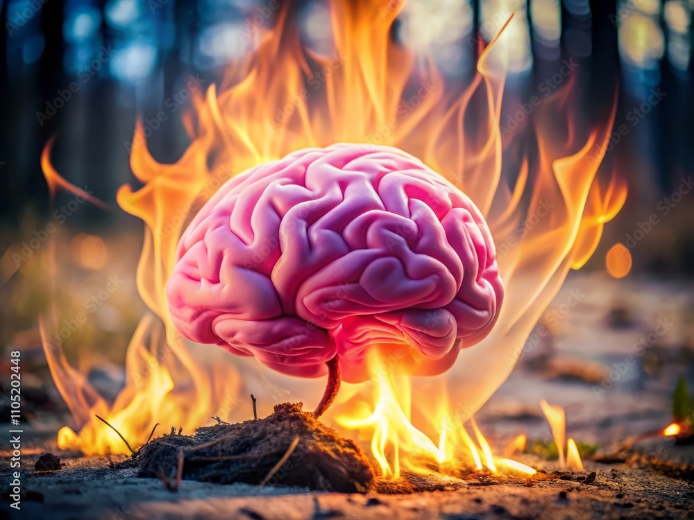 Poster surreal representation of a pink brain creating fire with candid photography style, showcasing the u