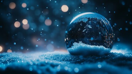 Winter wonderland snow globe, powdery snow texture, dark blue mystical background, scattered bokeh elements, drifting snowflakes, glass sphere reflection, atmospheric lighting, high contrast