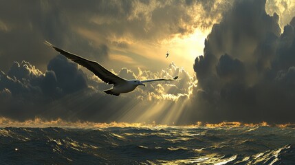 Obraz premium Majestic Seagull Soars Over Stormy Ocean Waves