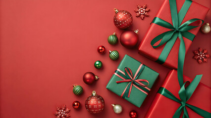Festive red and green presents adorned with ribbons, surrounded by Christmas ornaments on a vibrant red backdrop, conveying a joyful holiday spirit
