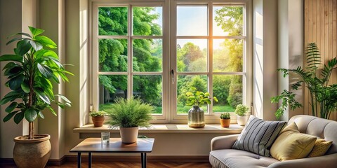 Obraz premium Tranquil Urban Scene Featuring a Window with Nature Views, Ideal for Home Decor, Lifestyle Blogs, and Inspirational Quotes, Capturing the Essence of Peace and Serenity in Daily Life