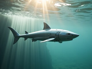 Fototapeta premium Futuristic Robotic Shark Gliding in Clear Sunlit Waters
