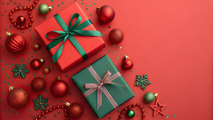 Festive red and green presents adorned with ribbons, surrounded by Christmas ornaments on a vibrant red backdrop, conveying a joyful holiday spirit