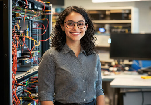 young indian woman standing in server room