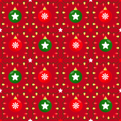 Seamless pattern with Christmas balls and light bulbs on a red background.