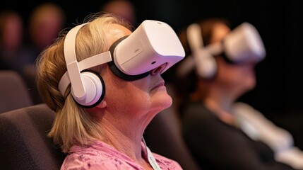 Participants engaging in virtual reality experiences with headsets at a conference showcasing innovative technology