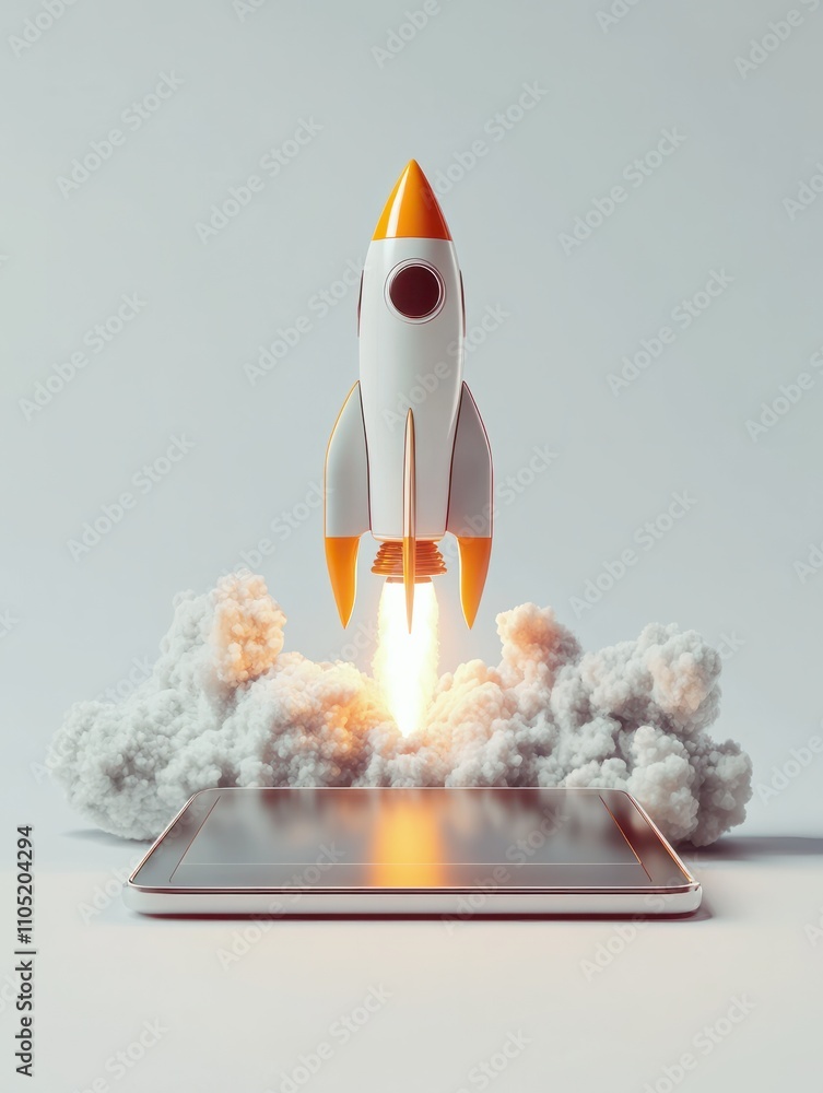 Poster start up concept with abstract rocket launching from tablet screen on light grey background. 3d rend