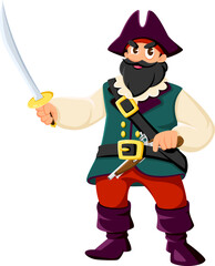 Cartoon pirate, privateer sailor comical character. Corsair sailor crew skipper isolated vector mascot, filibuster bandit boatswain character or Caribbean pirate captain armed with pistol and sabre