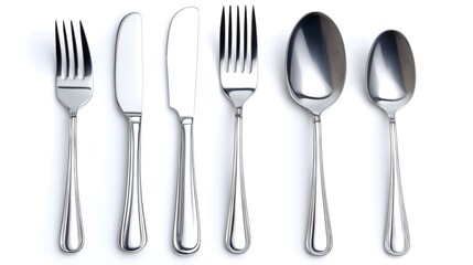 Shiny silver cutlery set, fork, knife, spoon isolated on white background.