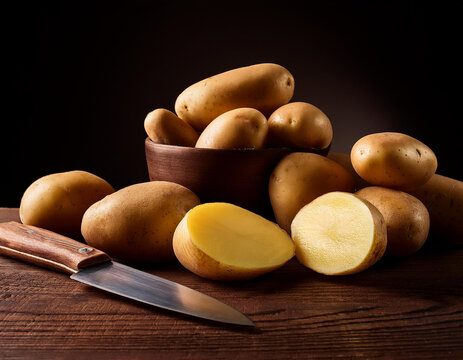 un monton de patatas en un bol y otras patatas partidas sobre una mesa junto a un cuchillo de cocina
