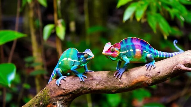 Two colorful chameleons facing each other on a branch