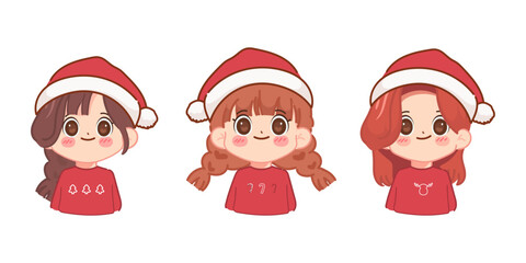 Cute girl in santa hat christmas kawaii character illustration vector premium.