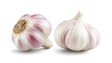 Obraz premium Two garlic bulbs with purple stripes isolated on white background.