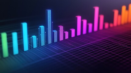 A vibrant digital bar graph with glowing blue, pink, and purple bars against a dark background, representing data visualization and analytics.