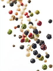 A vibrant cascade of colorful peppercorns, suspended in mid-air, isolated against white background.  The image is a celebration of culinary artistry and the essence of spice.  