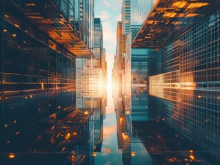 Obraz premium Reflective skyscrapers, business office buildings.