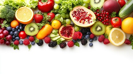 Horizontal seamless pattern of healthy fruits, vegetables and berries isolated on a white