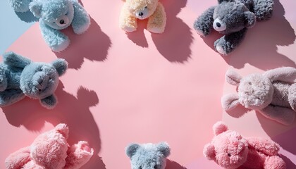 Soft Pastel Teddy Bears Floating on Pink Background