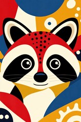 Fototapeta premium Stylized raccoon illustration with bold geometric patterns and vibrant colors, playful and artistic, ideal for kids decor and nature-themed art prints..