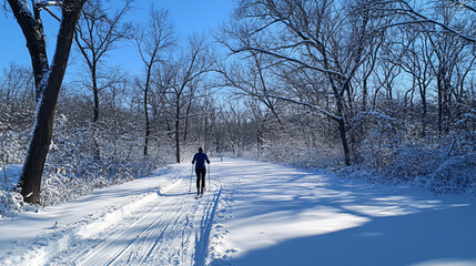 A person cross-country skiing on a snow-covered trail in the woods, with snow-laden trees and a clear blue sky above.