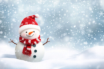 Obraz premium a cheerful snowman with a red scarf and hat standing in a snowy field surrounded by falling snowflakes under a soft blue sky 