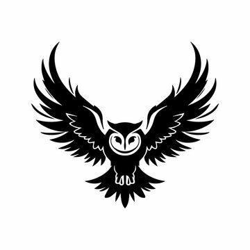 recommend clip art: A silhouette of a owl with wings On white background. A stunning owl bird with its wings spread vector illustration.