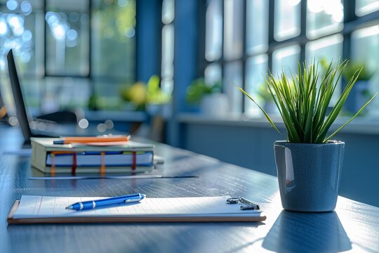 Empty desk with neatly arranged stationery supplies