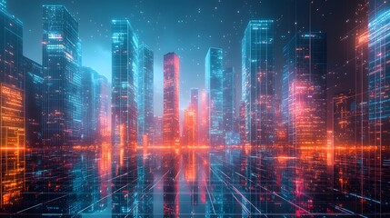 Obraz premium Futuristic city skyline at night, glowing neon lights reflecting on a glassy surface.