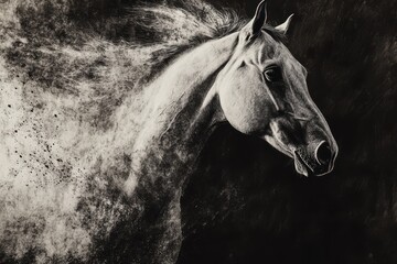 Obraz premium Black and white horse portrait dynamic brushstrokes flowing mane expressive eyes